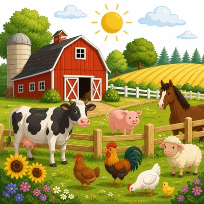 A bright farm scene with a barn, field, fence, sun, and animals.