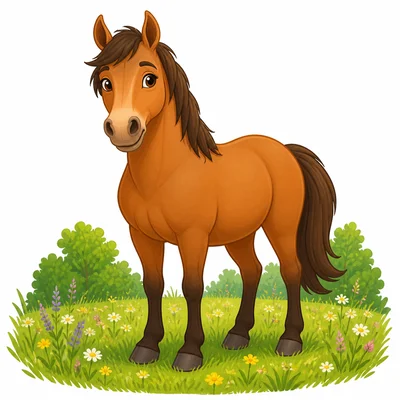 A friendly horse standing in a grassy field.