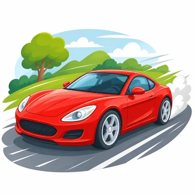 A red car driving fast on a road.