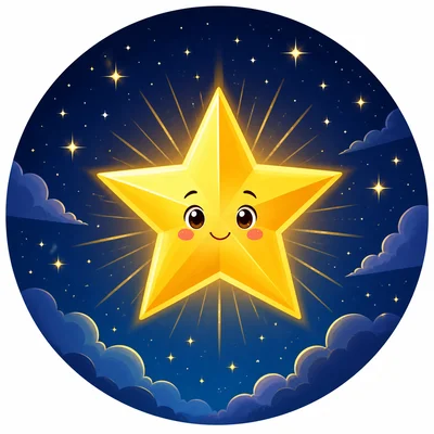 A bright golden star shining in the night sky.