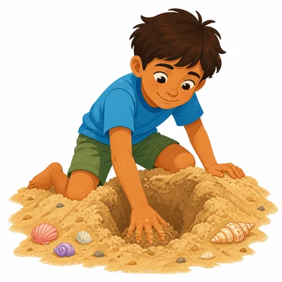 A child using an arm and hand to dig in the sand.
