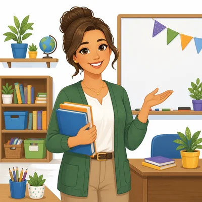 A smiling teacher in a classroom.