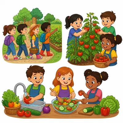 Children walk to a garden, pick tomatoes, wash them, and make a salad.