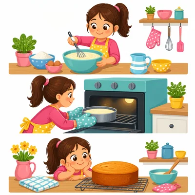 A girl mixes cake batter, puts a cake in the oven, and lets it cool.