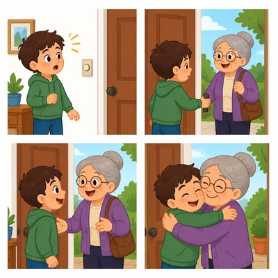 A boy hears the doorbell, opens the door, sees Grandma, and gets a hug.