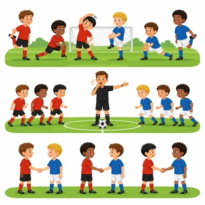 A soccer team warms up, starts the game, and shakes hands afterward.