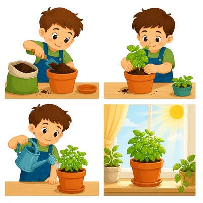 A child fills a pot with soil, plants an herb, waters it, and puts it in a sunny window.