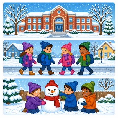 Snow falls at school, children go home, and they build a snowman.