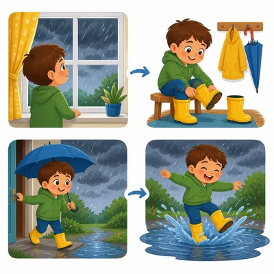 A child sees dark clouds, puts on rain boots, and jumps in a puddle.
