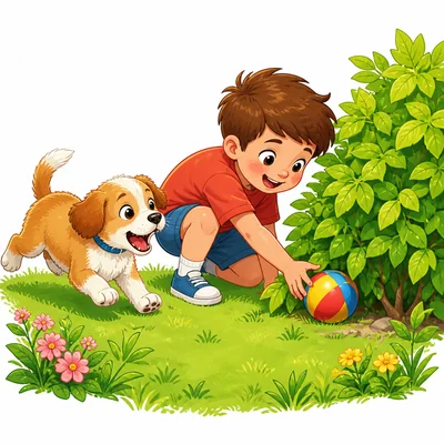 A puppy chases a ball that rolls under a bush, and a child picks it up.