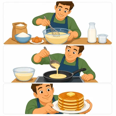 A dad mixes pancake batter, pours it into a pan, and serves pancakes.