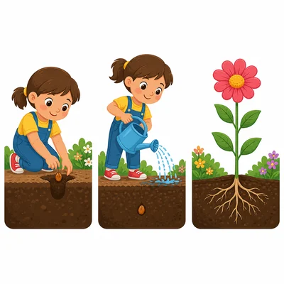 A child plants a seed, waters the soil, and a flower grows.