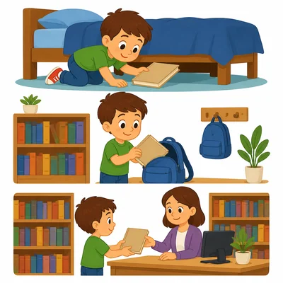 A child finds a book under the bed, puts it in a backpack, and returns it to the library.