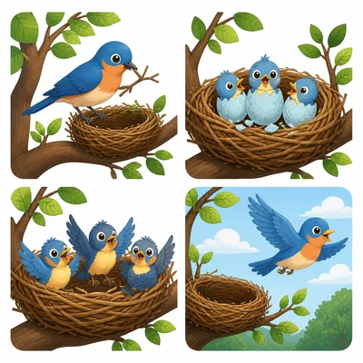 A mother bird builds a nest, eggs hatch, baby birds flap, and one bird flies away.