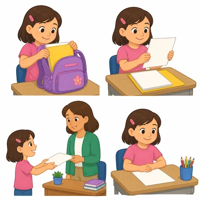 A girl takes homework from her backpack, gives it to her teacher, and sits at her desk.