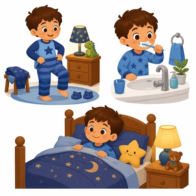 A child puts on pajamas, brushes teeth, and gets into bed.