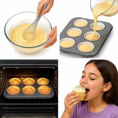 Four scenes show mixing batter, pouring it into a pan, baking cupcakes, and eating a cupcake.