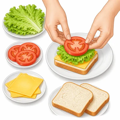 Hands assemble a sandwich with bread, cheese, lettuce, and tomato on a counter.