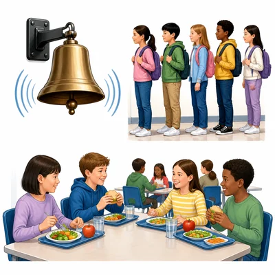 Three school scenes show a bell ringing, students lined up, and students going to lunch.