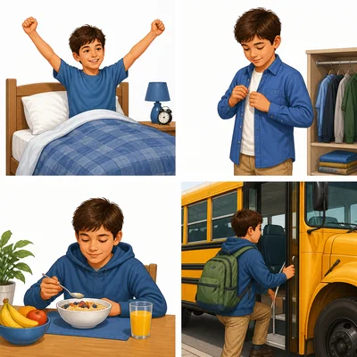 Four scenes show a boy waking up, getting dressed, eating breakfast, and getting on a school bus.