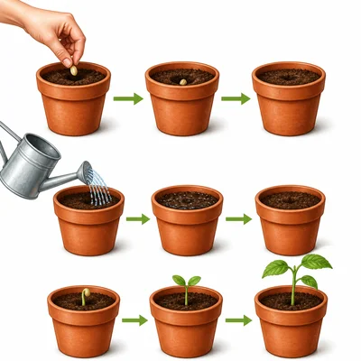A garden sequence shows planting seeds, watering soil, and tiny sprouts growing.