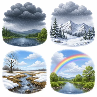 Four weather scenes show dark clouds, rain, melting snow, and a rainbow.