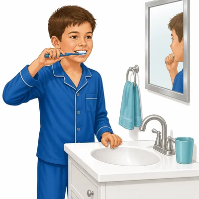 A child wearing pajamas brushes teeth at a bathroom sink.