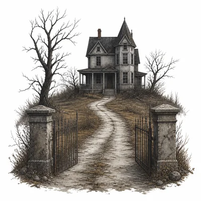 An old dusty house at the end of a narrow road with a gloomy, eerie mood.