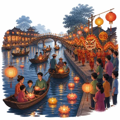 A festive evening river scene with lanterns, boats, families, and a parade.