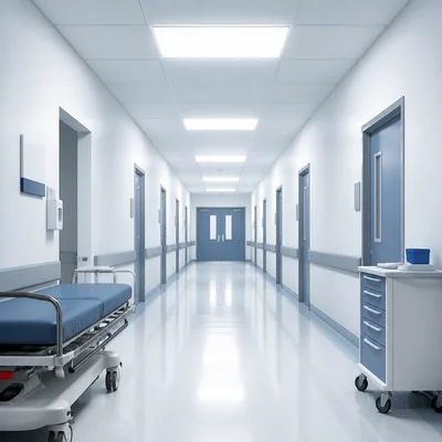 A sterile hospital hallway with harsh lights and an uneasy atmosphere.