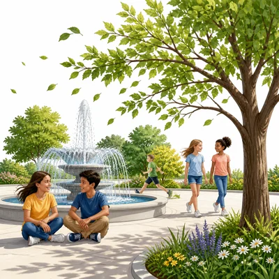 A bright sunny park with children near a fountain and trees in a warm breeze.