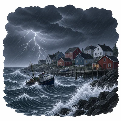 A small fishing village at night during a violent storm.