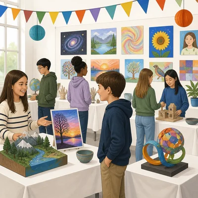 A cheerful classroom decorated with student art during a school fair.