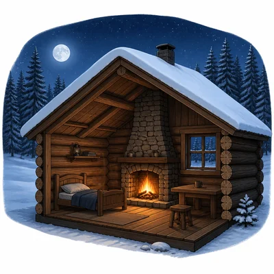 A snowy cabin at night with a low fire and silent forest outside.