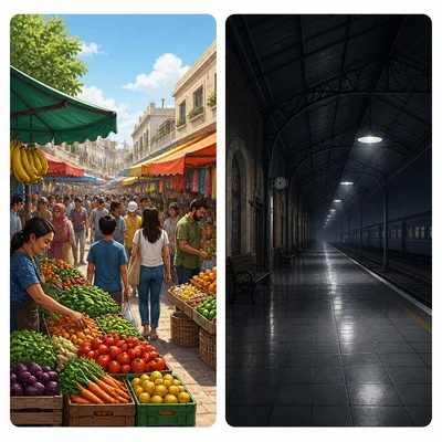 A contrast between a bright busy market and a dark empty train station.
