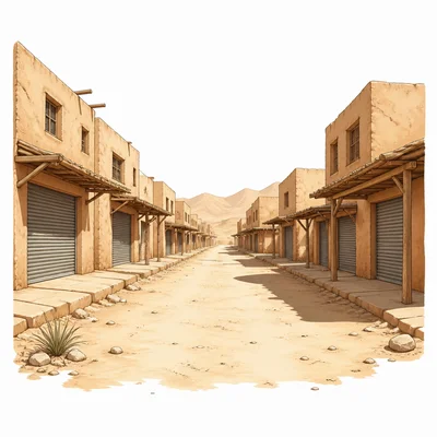 A hot silent desert town with closed shutters and an empty road.