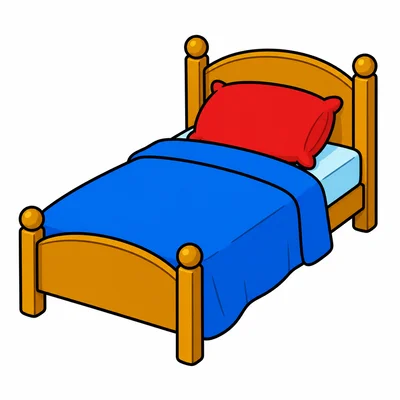 A bed with a blue blanket and red pillow