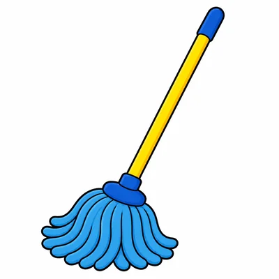 A mop with a yellow handle and blue mop head