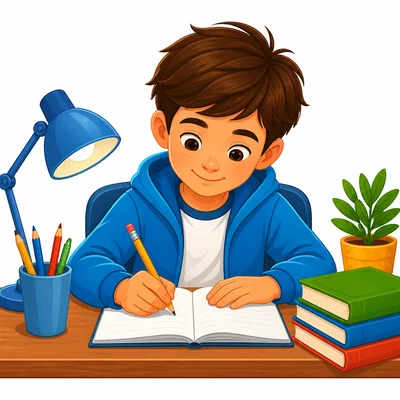 A child writing with a pencil at a desk.