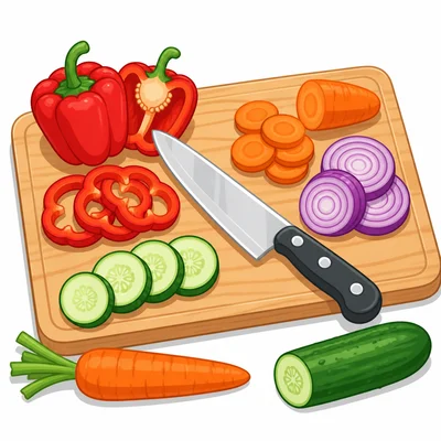 A kitchen knife on a cutting board with sliced vegetables.