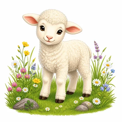 A fluffy lamb standing in a meadow.