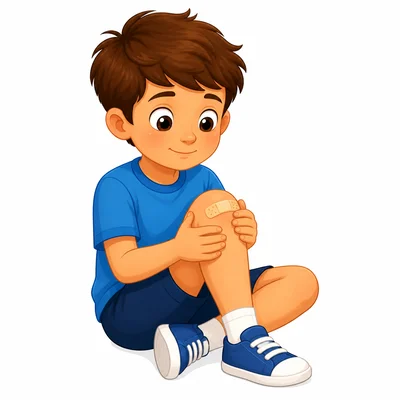 A child holding a knee with a small bandage.