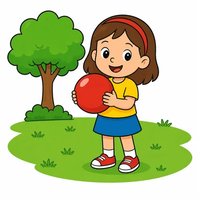 A girl holds a red ball in a park.