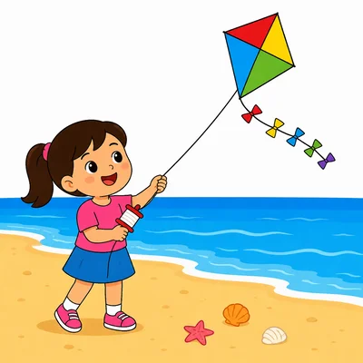 A girl flies a kite on a beach.
