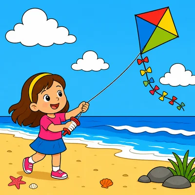 A girl with a kite is at the beach.