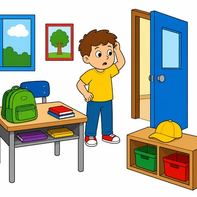 A child looks for a hat in a classroom.
