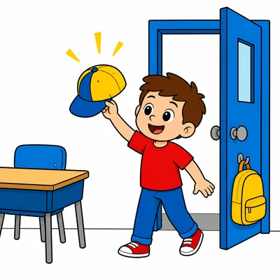 A child finds a hat by the classroom door.