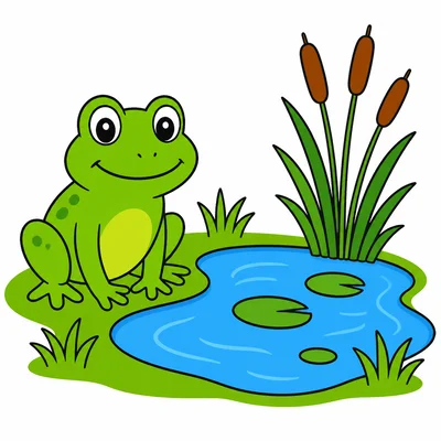A frog sits beside a pond.