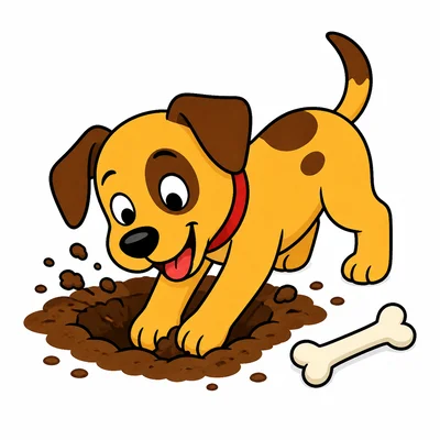 A dog digs a hole near a bone.