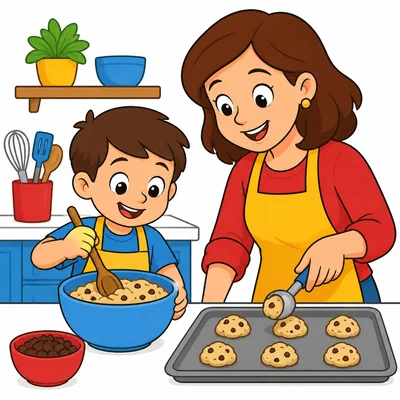 A boy and his mom bake cookies in a kitchen.